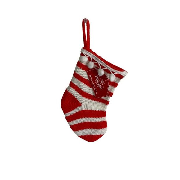 Cable Knit Mini Sweater Knit Christmas Stocking Red White Striped Pom Poms NEW - Picture 4 of 5